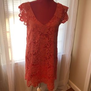 Coral pink lace shift dress